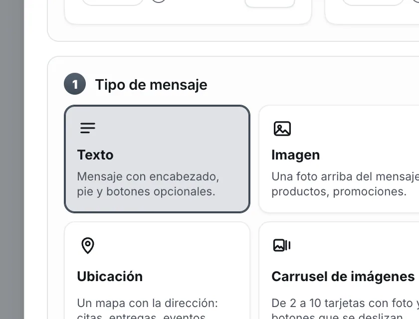Pantalla «WhatsApp → Herramientas». Señalado con el número 2: el tipo «Texto».