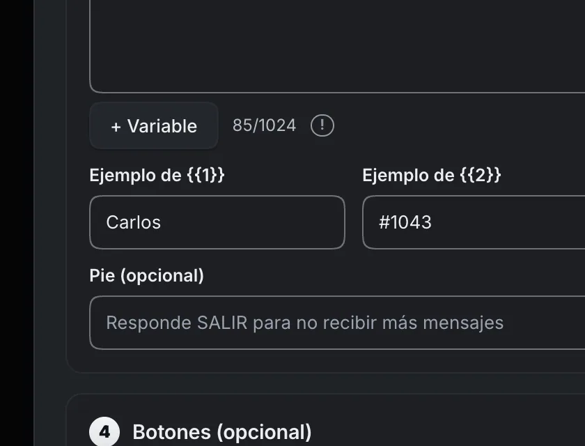 Pantalla «WhatsApp → Herramientas». Señalado con el número 6: el ejemplo de la primera variable.