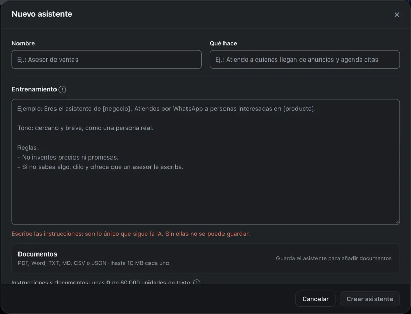 Ventana «Configurar asistente». Señalado con el número 2: el nombre del asistente.