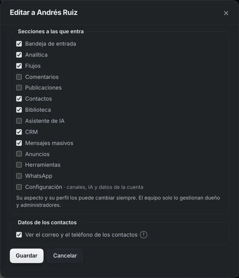 Ventana «Editar a Andrés Ruiz». Señalado con el número 4: el permiso para ver los datos de contacto.
