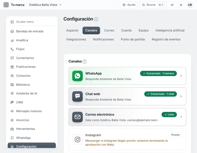 Pantalla «Configuración → Canales». Señalado con el número 1: la fila «Chat web».