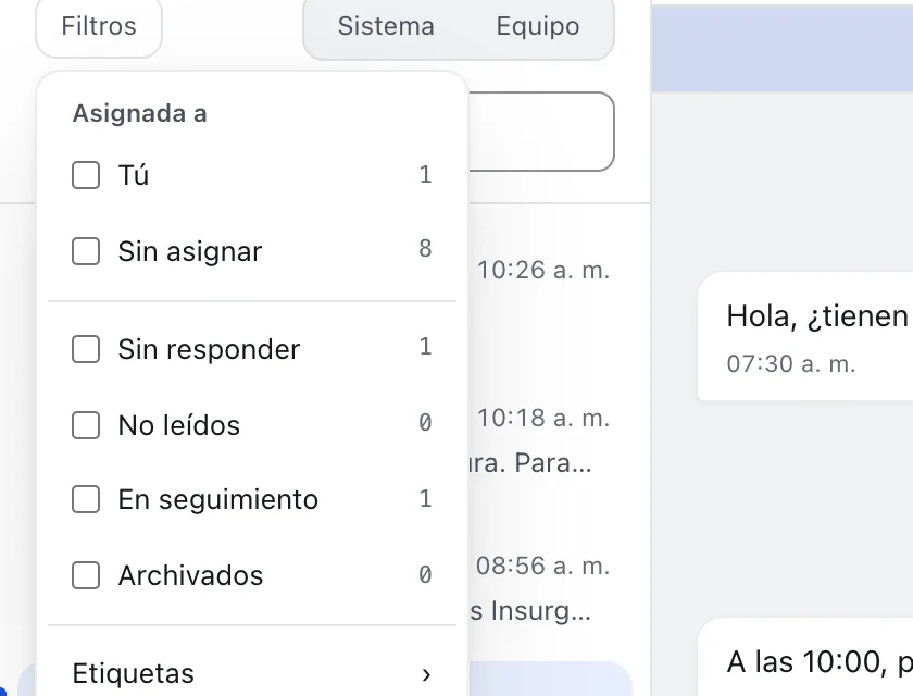 Pantalla «Bandeja de entrada». Señalado con el número 6: el filtro «Sin responder».