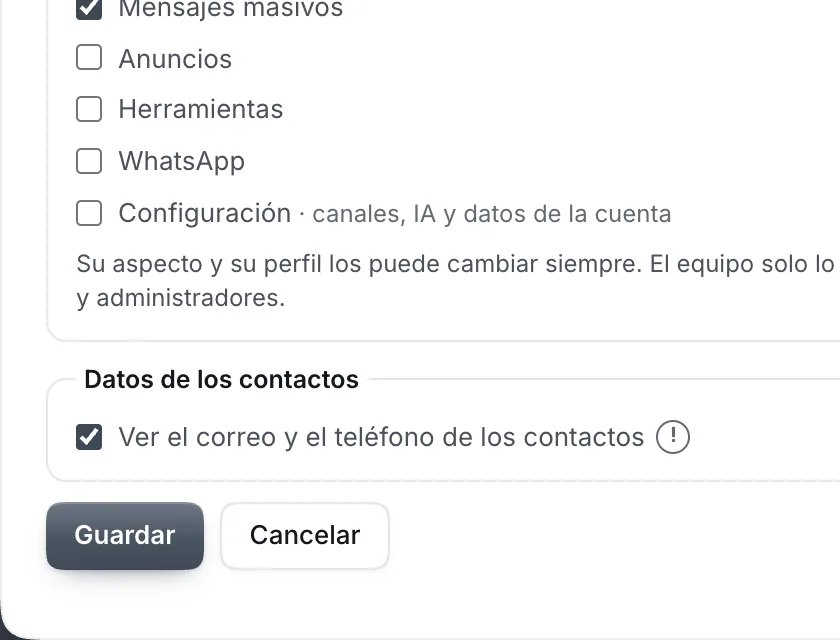 Ventana «Editar a Andrés Ruiz». Señalado con el número 4: el permiso para ver los datos de contacto.