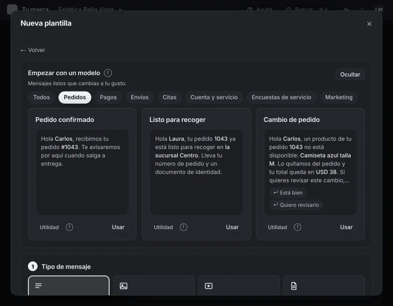 Pantalla «WhatsApp → Herramientas». Señalado con el número 5: los modelos de plantillas.