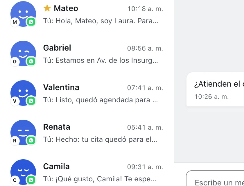Pantalla «Bandeja de entrada». Señalado con el número 1: el chat de Valentina.