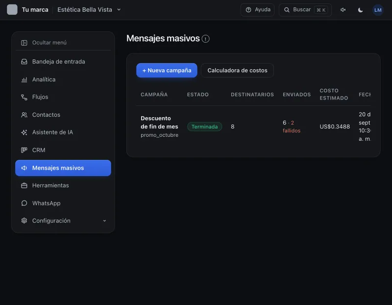 Pantalla «Mensajes masivos». Señalado con el número 1: la campaña «Descuento de fin de mes».