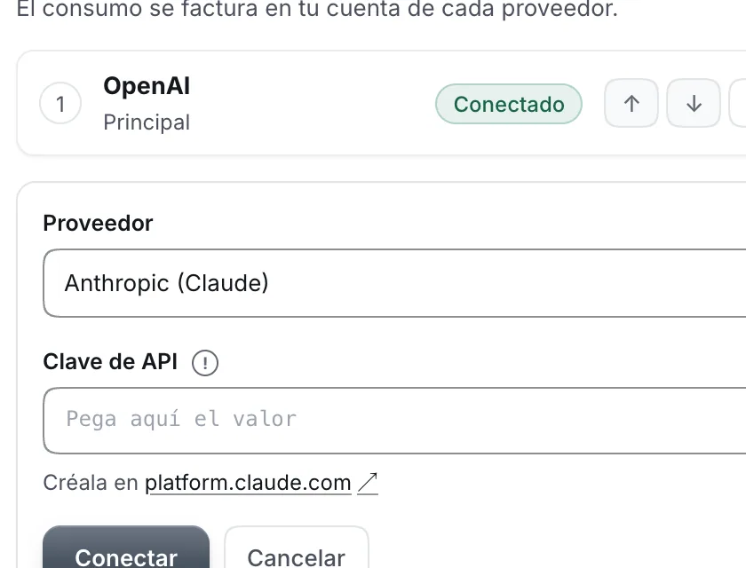 Pantalla «Configuración → Inteligencia artificial». Señalado con el número 2: el proveedor.