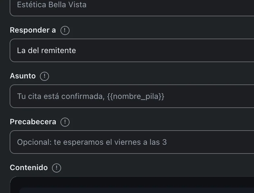 Pantalla «Editor de flujos». Señalado con el número 7: el asunto del correo.