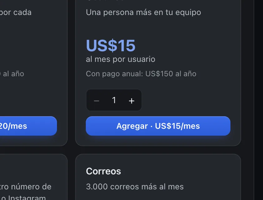 Pantalla «Plan y facturación». Señalado con el número 2: el botón para sumar uno más.