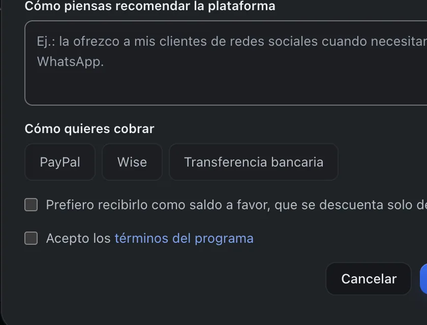 Ventana «Quiero ser aliado». Señalado con el número 4: cómo quieres cobrar.
