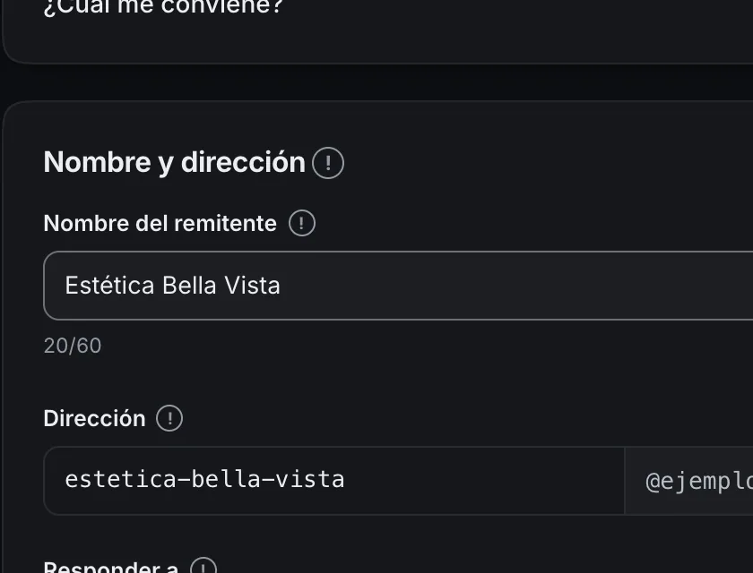 Pantalla «Configuración → Correo». Señalado con el número 2: el botón «Nombre del remitente».