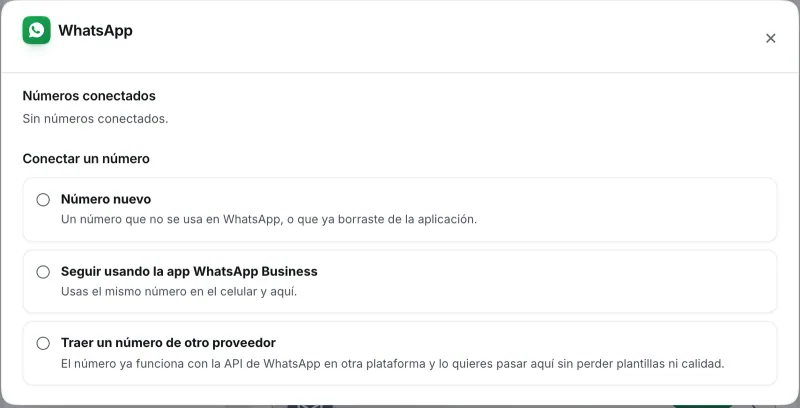 Ventana «WhatsApp». Señalado con el número 2: los caminos para conectar el número.