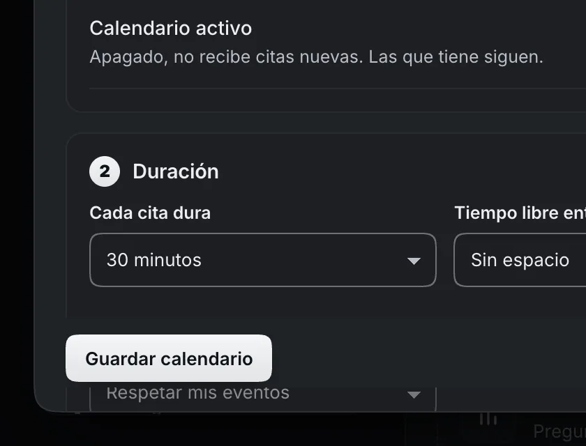 Pantalla «Herramientas». Señalado con el número 4: la duración de cada cita.