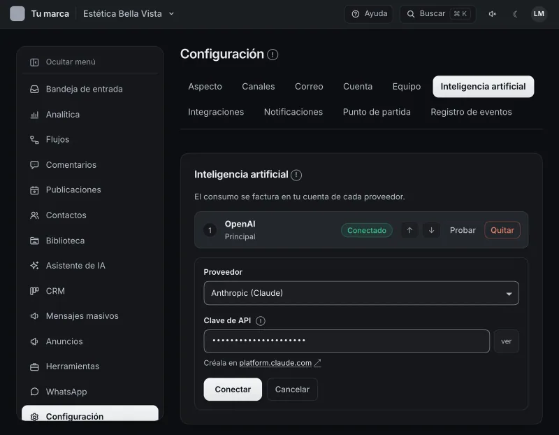 Pantalla «Configuración → Inteligencia artificial». Señalado con el número 4: el botón «Conectar».