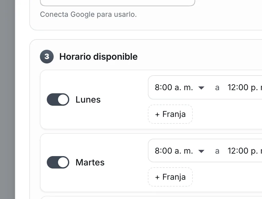 Pantalla «Herramientas». Señalado con el número 5: el horario del lunes.