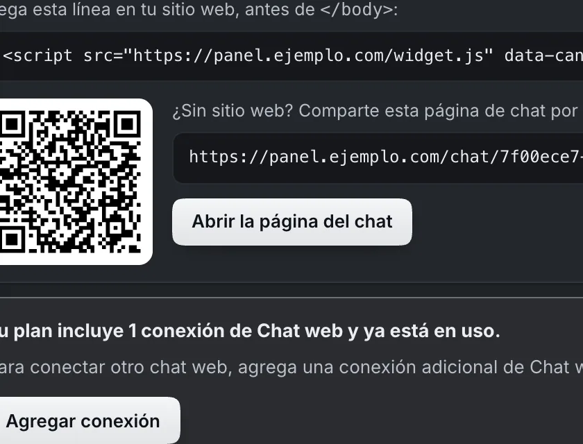 Ventana «Chat web». Señalado con el número 3: el botón «Abrir la página del chat».
