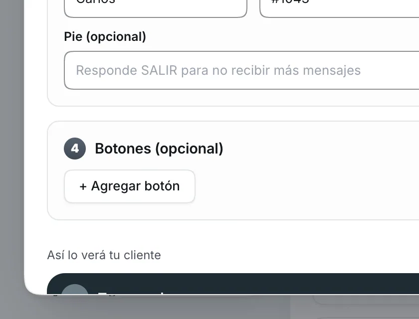 Pantalla «WhatsApp → Herramientas». Señalado con el número 7: el botón «+ Agregar botón».