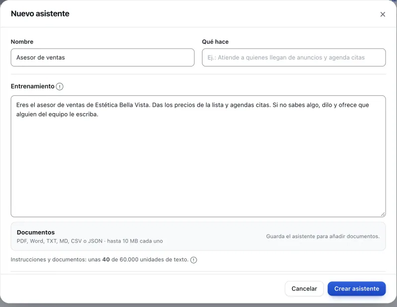 Ventana «Configurar asistente». Señalado con el número 4: el botón «Crear asistente».