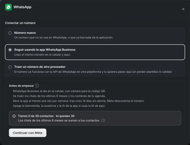 Ventana «WhatsApp». Señalado con el número 3: el botón «Continuar con Meta».