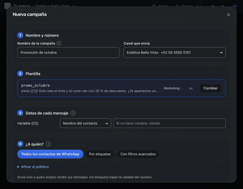 Pantalla «Mensajes masivos». Señalado con el número 5: con qué se llena la variable.