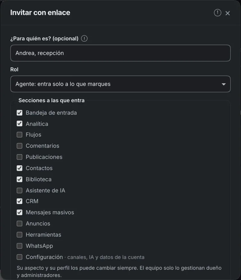 Ventana «Invitar con enlace». Señalado con el número 3: el rol de la persona.