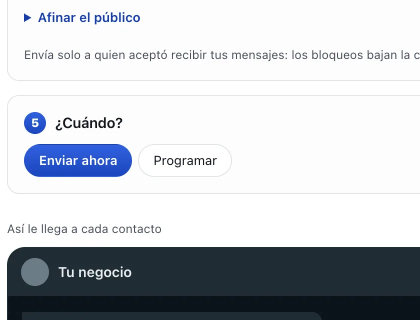 Pantalla «Mensajes masivos». Señalado con el número 8: cuándo sale la campaña.
