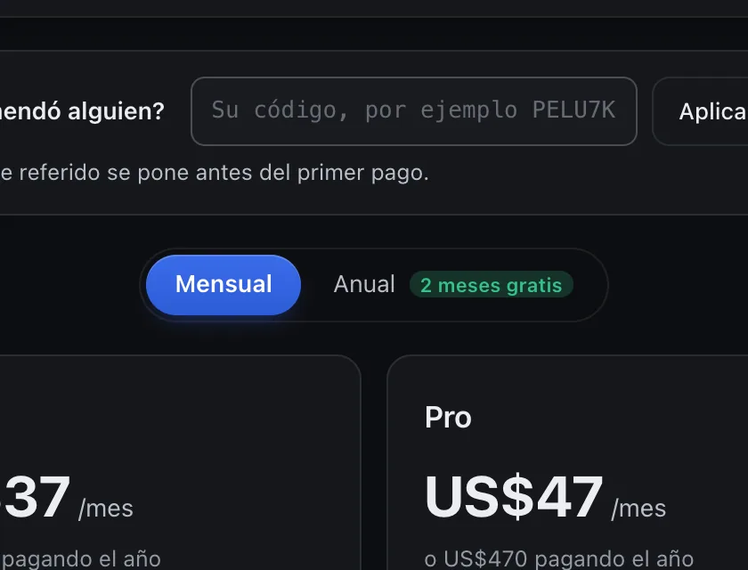 Pantalla «Plan y facturación». Señalado con el número 2: la forma de pago.
