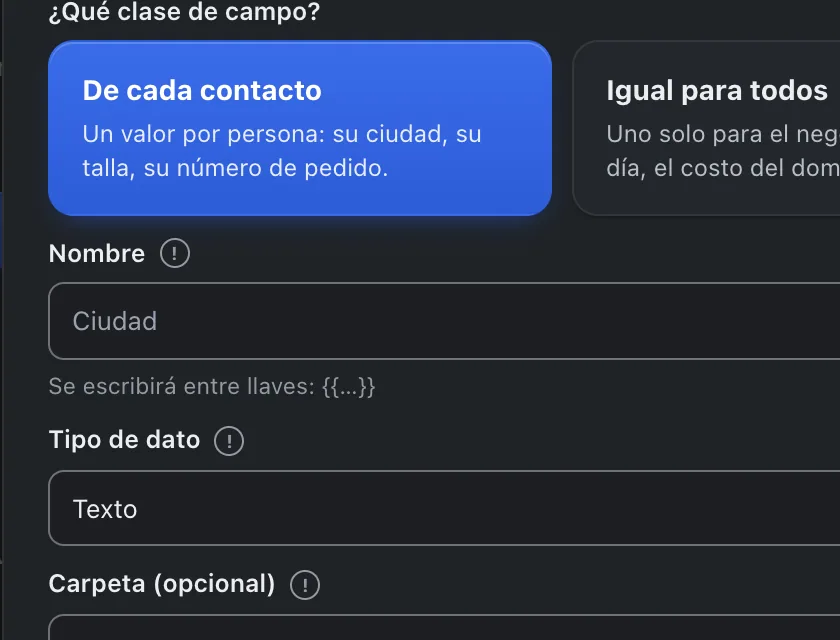 Ventana «Nuevo campo». Señalado con el número 2: el nombre del campo.