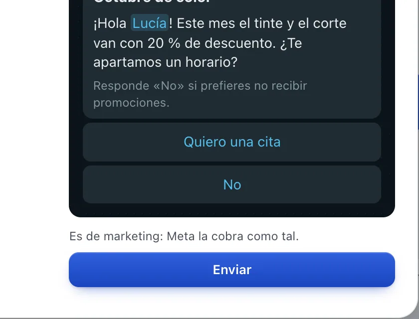 Ventana «promo_octubre». Señalado con el número 5: el botón «Enviar».