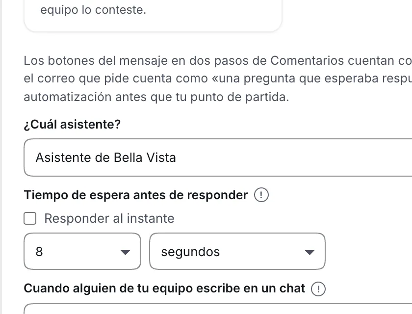 Pantalla «Configuración → Punto de partida». Señalado con el número 2: el desplegable «¿Cuál asistente?».