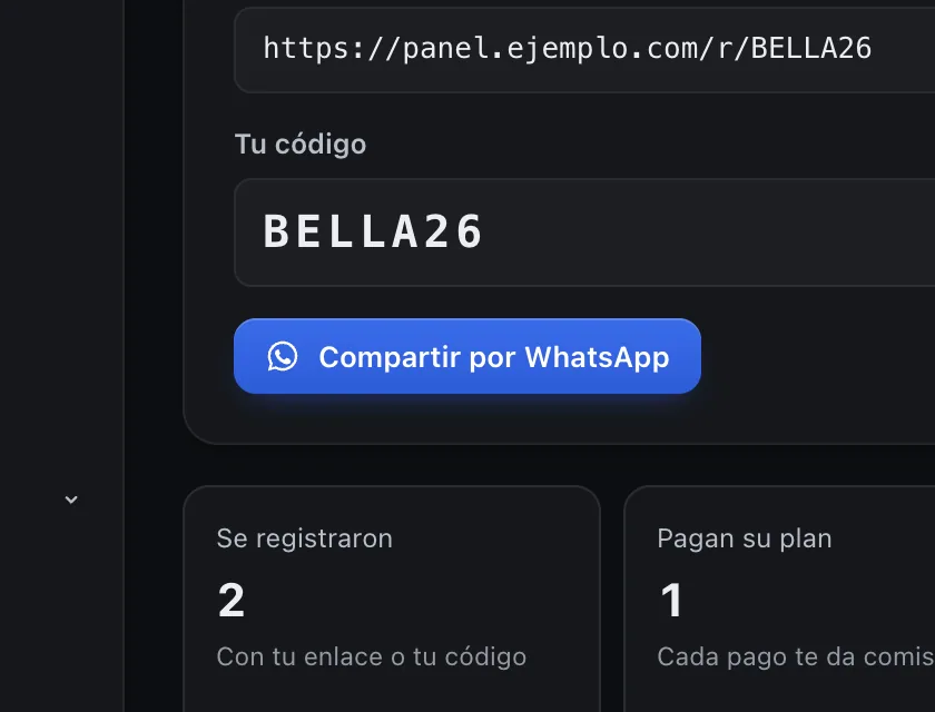 Pantalla «Refiere y gana». Señalado con el número 3: el botón «Compartir por WhatsApp».