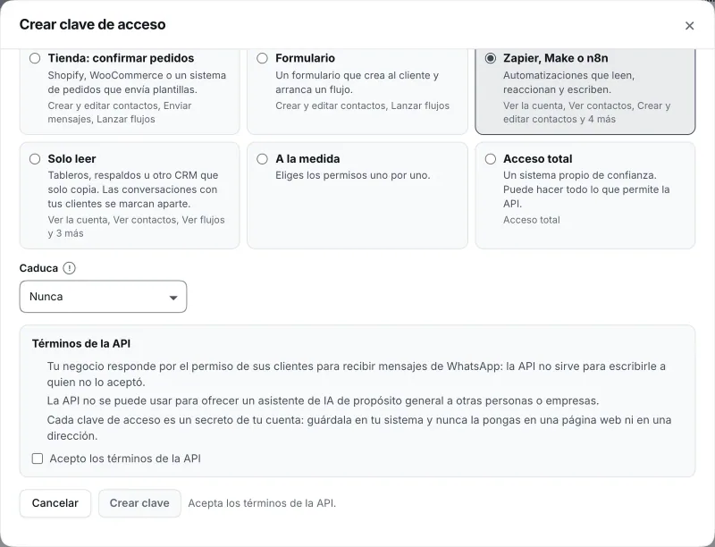 Ventana «Crear clave de acceso». Señalado con el número 4: el botón «Acepto los términos de la API» y el botón «Crear clave».