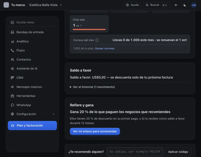 Pantalla «Plan y facturación». Señalado con el número 1: el saldo a favor.