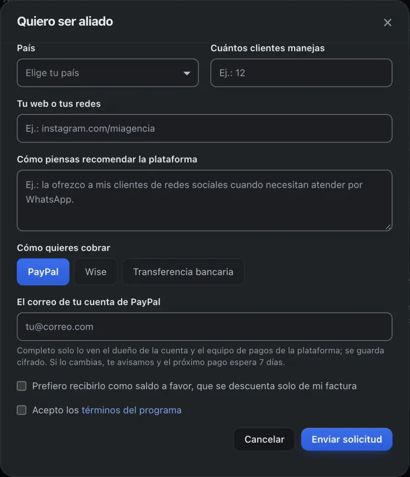 Ventana «Quiero ser aliado». Señalado con el número 5: el botón «Enviar solicitud».