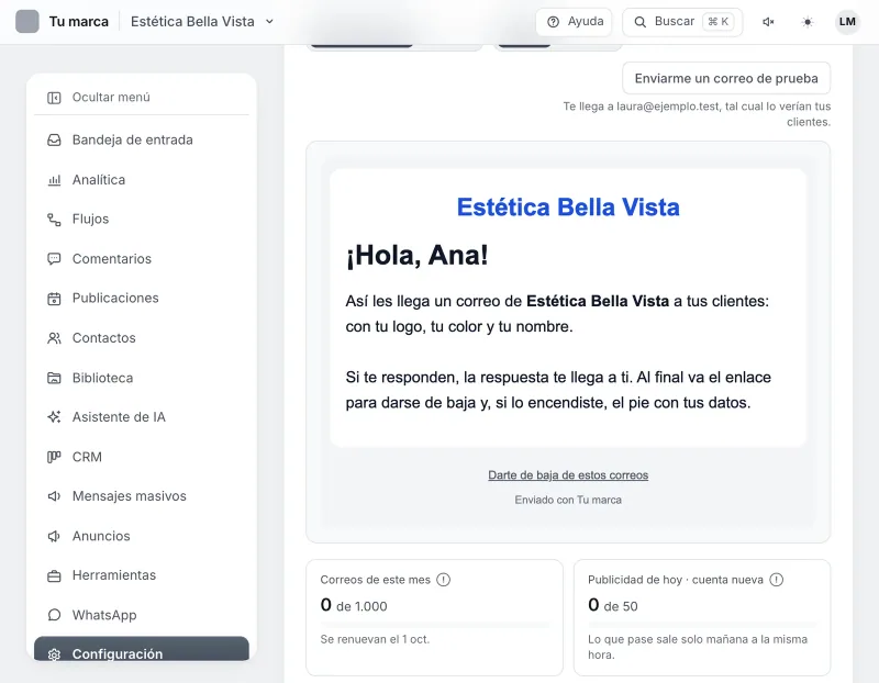 Pantalla «Configuración → Correo». Señalado con el número 1: la vista previa del correo.