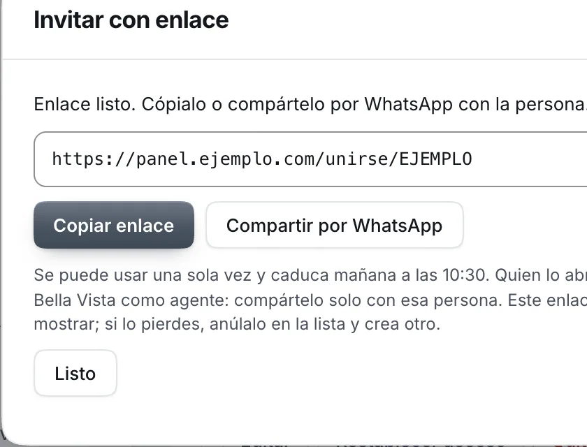 Ventana «Invitar con enlace». Señalado con el número 5: los botones para compartir el enlace.