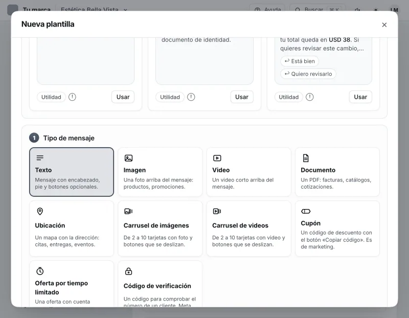 Pantalla «WhatsApp → Herramientas». Señalado con el número 2: el tipo «Texto».