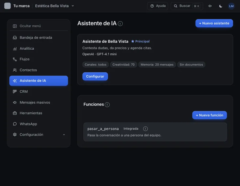Pantalla «Asistente de IA». Señalado con el número 1: el botón «+ Nuevo asistente».