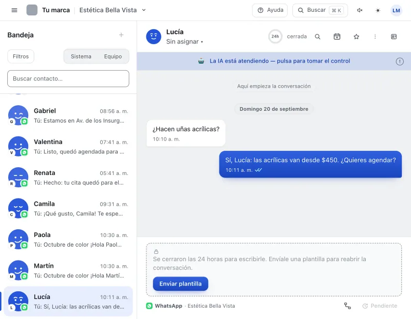 Pantalla «Bandeja de entrada». Señalado con el número 2: el botón «Enviar plantilla».