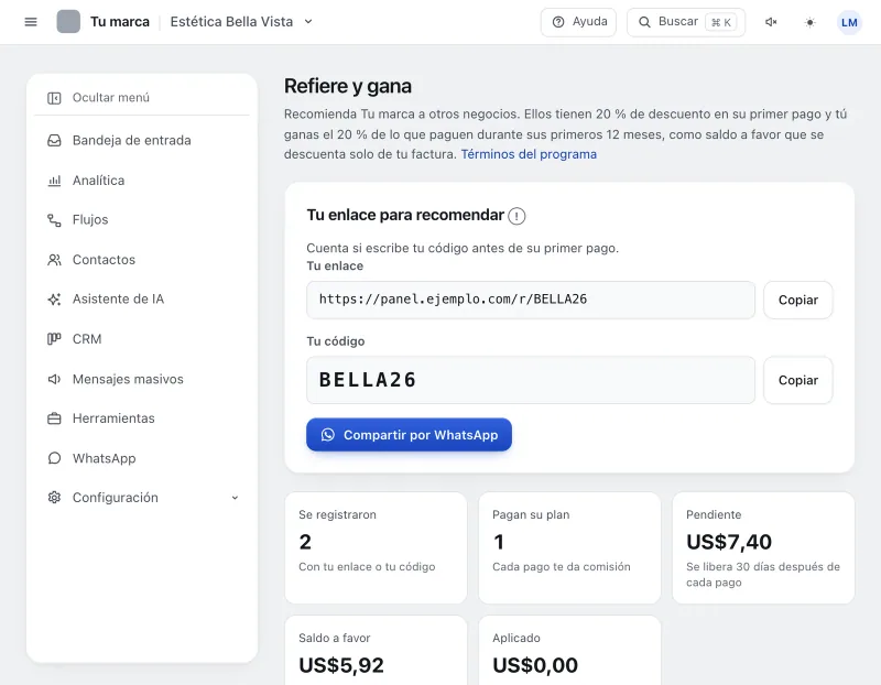 Pantalla «Refiere y gana». Señalado con el número 1: tu enlace para recomendar.