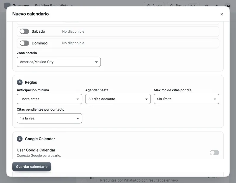 Pantalla «Herramientas». Señalado con el número 6: las reglas del calendario.