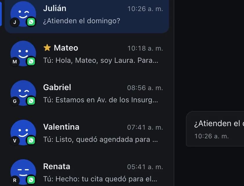 Pantalla «Bandeja de entrada». Señalado con el número 1: el chat de Gabriel.