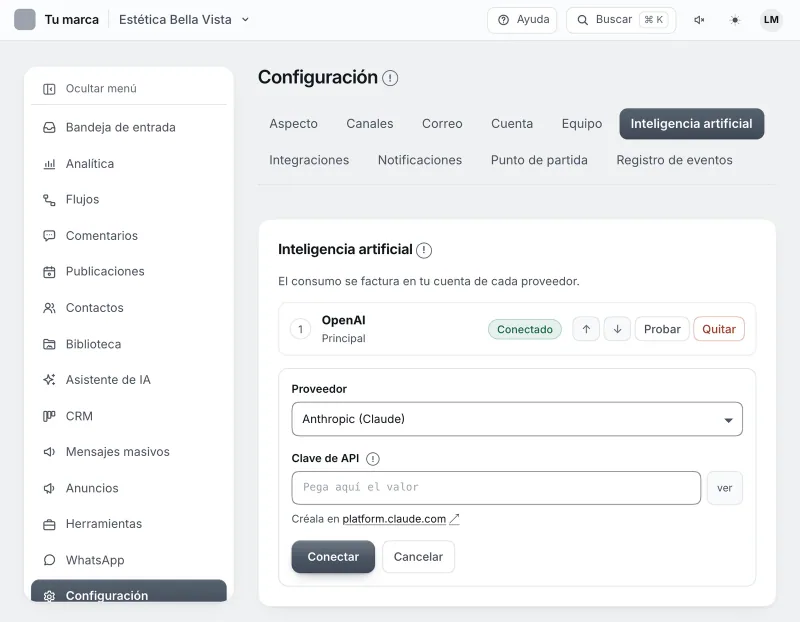 Pantalla «Configuración → Inteligencia artificial». Señalado con el número 2: el proveedor.