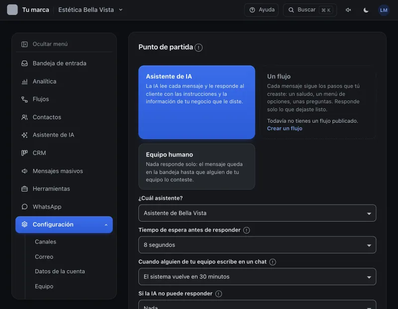 Pantalla «Configuración → Punto de partida». Señalado con el número 7: cuánto tarda en volver el sistema.