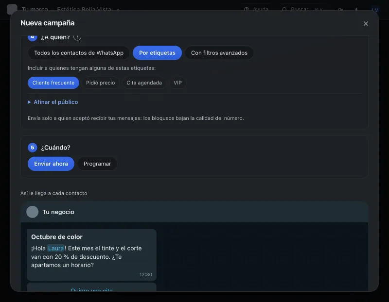 Pantalla «Mensajes masivos». Señalado con el número 8: cuándo sale la campaña.
