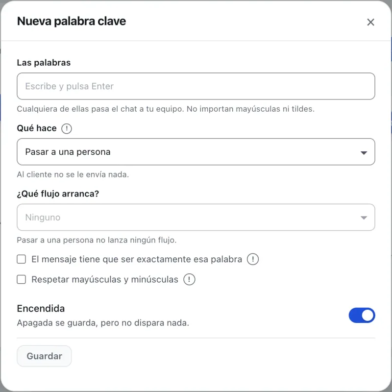 Ventana «Nueva palabra clave». Señalado con el número 2: la caja de las palabras.