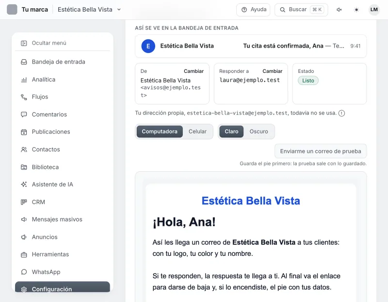 Pantalla «Configuración → Correo». Señalado con el número 6: el botón «Enviarme un correo de prueba».