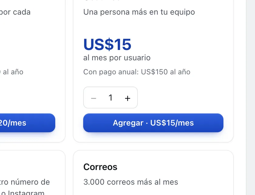 Pantalla «Plan y facturación». Señalado con el número 2: el botón para sumar uno más.