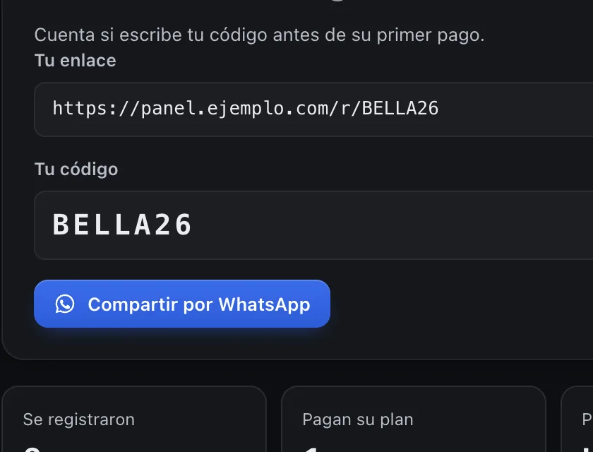 Pantalla «Refiere y gana». Señalado con el número 2: tu código.