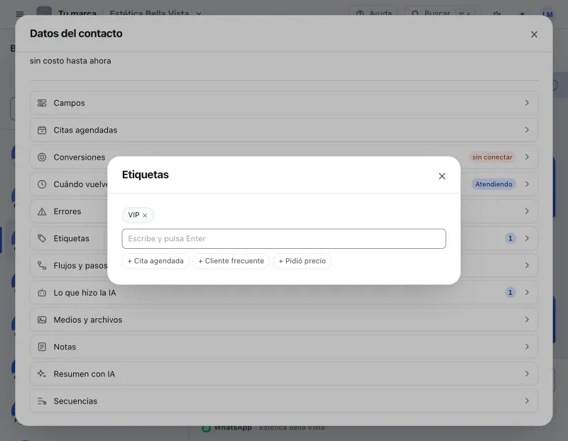 Pantalla «Bandeja de entrada». Señalado con el número 5: la caja para escribir una etiqueta.